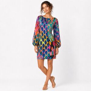 Trina Turk Silk Abstract Circle Print Mini Dress Balloon Sleeve Rainbow Size 2